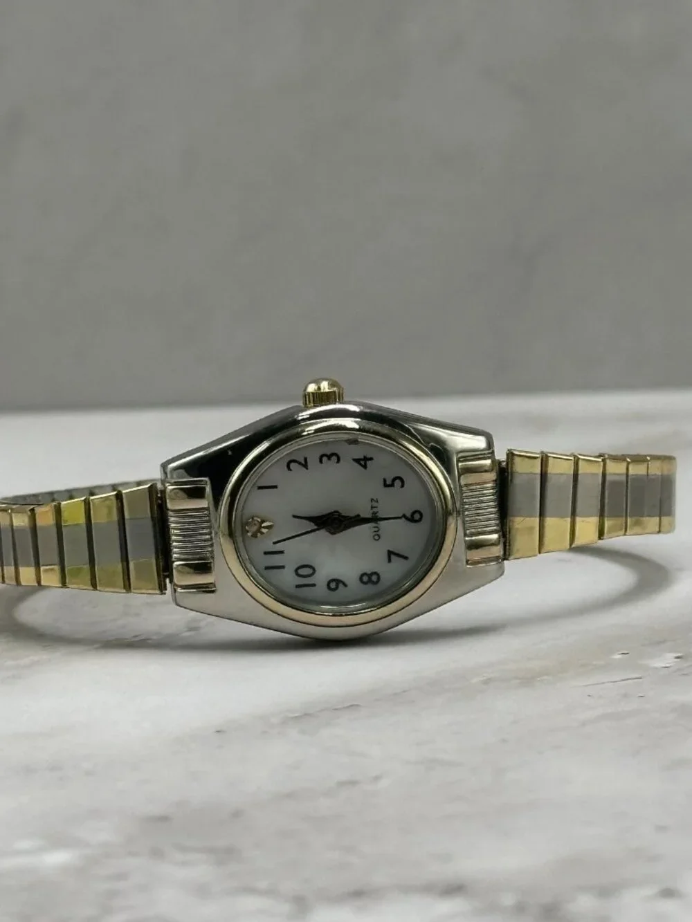 3/$30 Accutime Watch Women Silver Gold Oval Dial Stretch Band Works 6.5